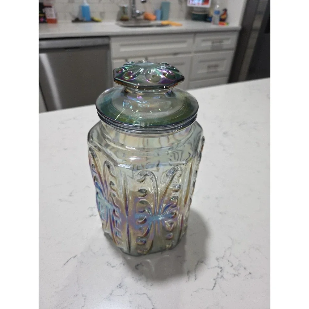 Vintage LE Smith Imperial Atterbury Scroll Canister Jar Iridescent Carnival 9